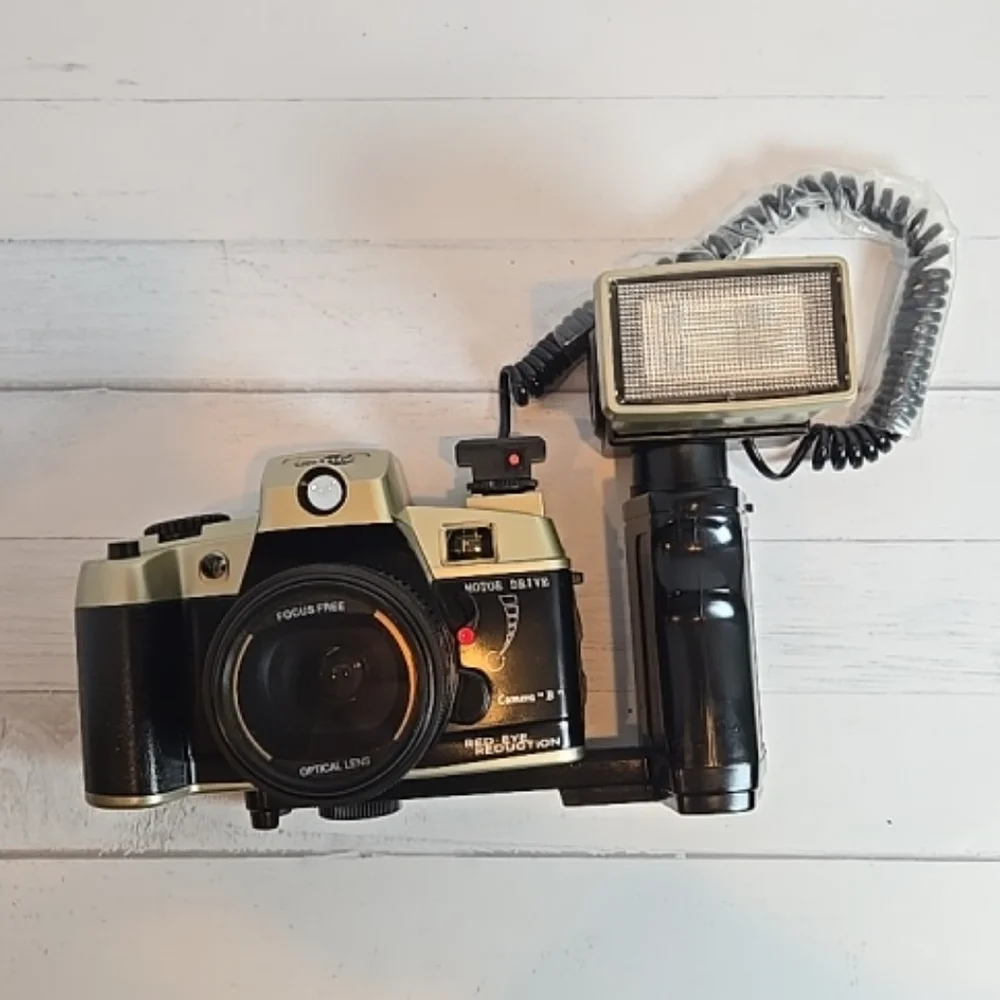 Vintage 35mm Film Camera with External Flash - Olive Green & Black